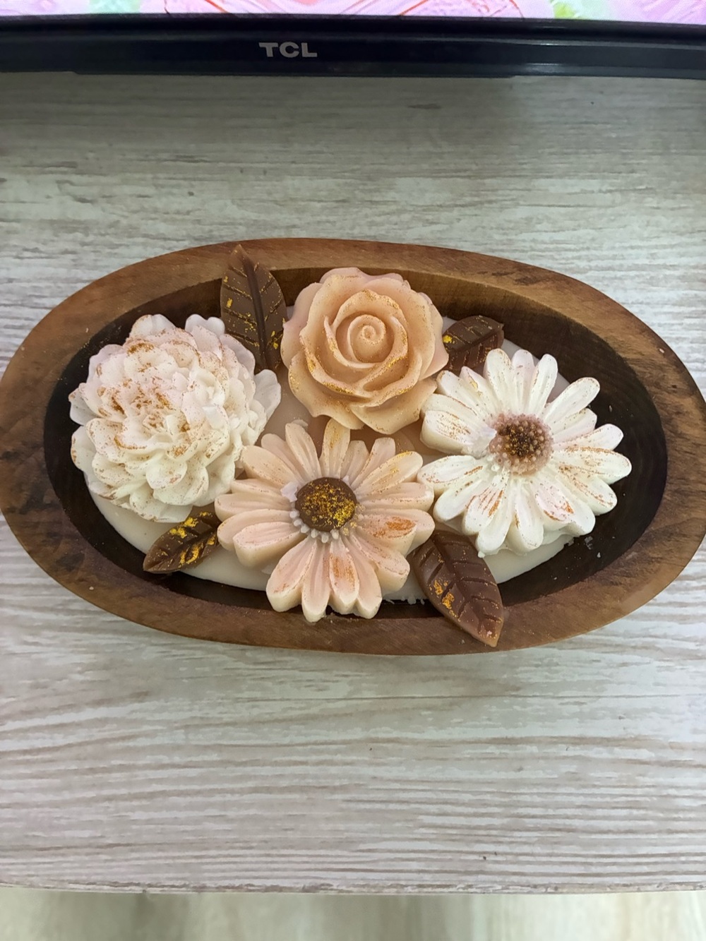 Floral Candle Set with Wood Dish - Peach & White